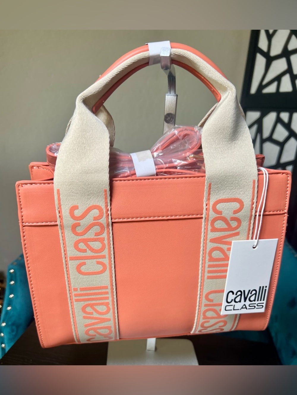 Cavalli Class Serafina Tote Bag in coral haze w/ beige logo-printed handles NWT